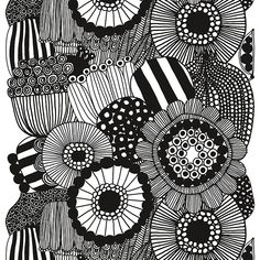 an abstract black and white drawing with circles, lines, and flowers on it's surface