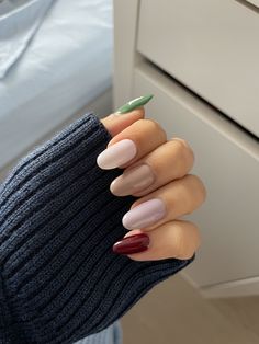 Picture of freshly made manicure with fall palette colors: green, white, tan, lilac and burgundy. Nail Palette, Nails