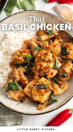 thai basil chicken with white rice on a plate