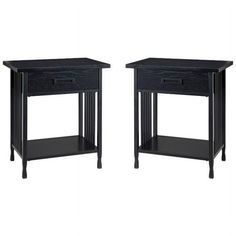 two black end tables with one drawer open and the other closed, both side by side