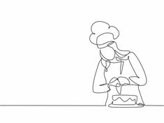 a continuous line drawing of a person with a cake in front of them on a table