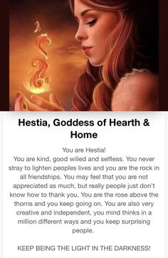 an image of a woman holding a candle in her hand with the words, hestia goddess of hearth & heart