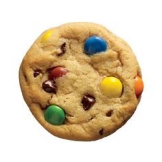 a chocolate chip cookie with m & m candies on it's side, isolated against a white background