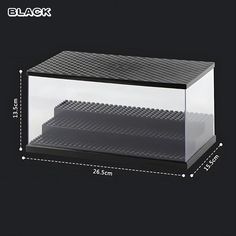 an image of a glass case with legos in it and measurements for the size