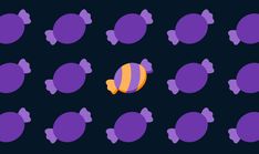 an orange and purple fish in the middle of a group of purple ones on a black background