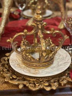 Jeweled Tabletop Crown Antique Gold Scroll | Reilly-Chance Collection Luxury Gold Crown For Parties, Luxury Elegant Gold Crown, Old World Decorating, Regal Gold Crown With Pinched Shape, Vintage Gold Crown Headpiece, Fantasy Crown-shaped Gold Jewelry, Decorative Glass Jars, Crown Decor, Floor Candle Holders