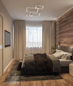 a bedroom with a large bed and wooden walls