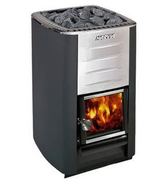 a stove with an open door and flames in the bottom half, on a white background