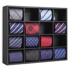 an open cubby filled with assorted neckties and ties in black storage bins