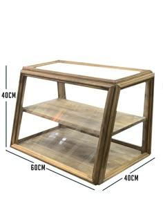 a wooden shelf with glass shelves on each side and measurements for the top half of it