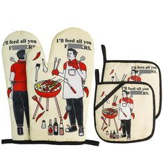 two oven mitts and an oven mitt are shown with the words, i'll feed all you fixes