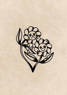 a bunch of flowers with faces drawn on the side of it, in black ink