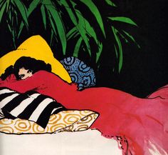 a painting of a woman sleeping on a pillow in front of a potted plant