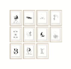 nine black and white art prints hanging on the wall in front of a white background