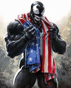 an image of a spiderman with the american flag on his chest and arms wrapped around him