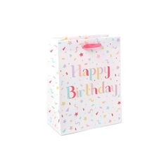 a birthday gift bag with confetti and stars on the front, happy birthday