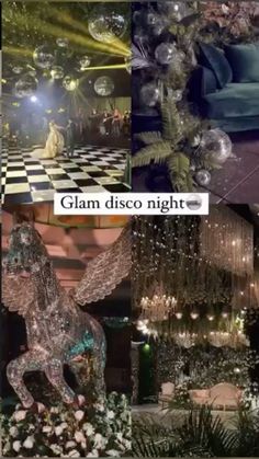 a collage of photos with the words glam disco night