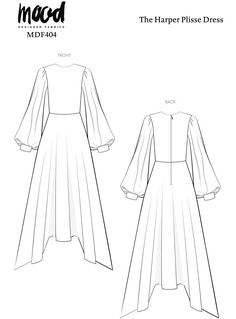 the paper piece dress sewing pattern is shown in black and white, with long sleeves