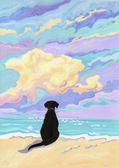 a black dog sitting on top of a sandy beach under a cloudy blue and yellow sky