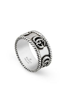 Rope twist details add texture to this iconic sterling silver band ring with an aged finish. Style Name:Gucci Gg Band Ring. Style Number: 6245727. Classic Gucci Engraved White Gold Ring, Gucci Sterling Silver Ring, Gucci Silver Sterling Silver Rings, Gucci Fine Jewelry White Gold Rings, Gucci White Gold Sterling Silver Ring, Gucci White Gold Fine Jewelry Ring, Classic Gucci Sterling Silver Rings, Gucci White Gold Ring In Fine Jewelry Style, Gucci Luxury Silver Rings