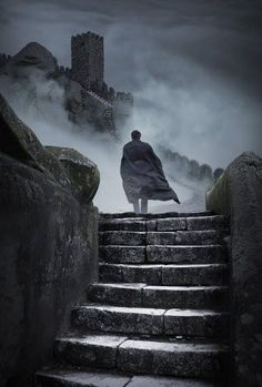 a person standing on some steps in the fog