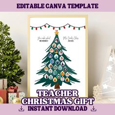 the teacher christmas gift instant printable is displayed in front of a tree with presents on it