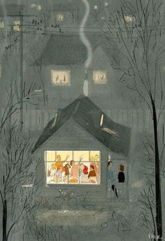 an illustration of people standing in front of a house at night with the lights on