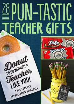 a collage of photos with donuts and teacher gifts