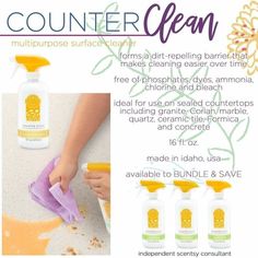 an ad for counter cleaning products with the words counter clean written in purple and yellow