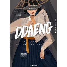 a woman wearing a hat and dress with the words daengg written on it