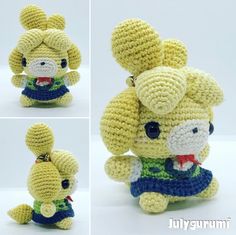 four different pictures of stuffed animals made from crochet