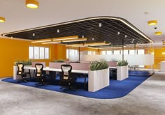 an office with yellow walls and blue carpeted flooring is pictured in this image