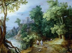 a painting of people walking on a path in the woods