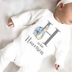 Dress your little prince in style with this cute personalised rompersuit, complete with a printed name design. Perfect for photoshoots and special occasions! 👑✨ #BabyBoyFashion #PersonalisedRompersuit #AdorableOutfit #HoolarooUK 1st Easter, Personalized Teacher Gifts, Rabbit Print