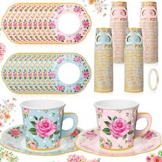 pink roses and polka dots with gold trimmings on plates, cups, and napkins