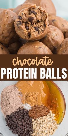 chocolate protein balls are stacked on top of each other with peanut butter and oats