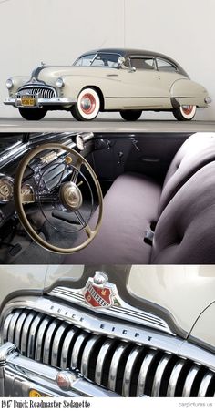 an old car with chrome rims is shown in three different pictures, including the front and