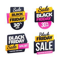 four black friday sale stickers on white background