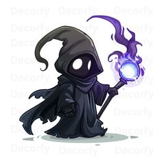 a cartoon character in a black outfit holding a blue light up wand and wearing a hood