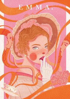 an illustration of a woman in a pink dress and hat with her hand on her nose