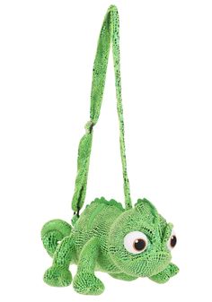 a green stuffed animal hanging from a string on a white background with an eyeball in the shape of a frog