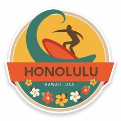 a sticker that says honolulu hawaii, usa with a surfer on a surfboard