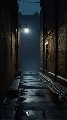 a dark alley way with a street light in the distance