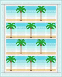 a quilt pattern with palm trees on the beach