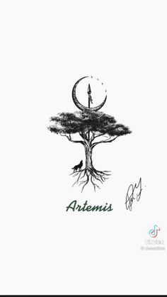 an artistic drawing of a tree with the moon above it and two cats sitting on top