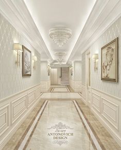 an elegant hallway with chandeliers and paintings on the walls, along with marble flooring