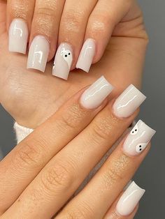 Off White Halloween Nails, Spooky White Nails, Milky White Halloween Nails, Ghost Nails Square, Simple Ghost Nails, Ghost French Tip Nails, Ghost Nails Acrylic, Ghost Nail Designs, White Halloween Nails