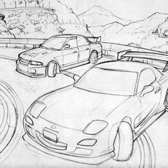 a drawing of three cars driving down the road