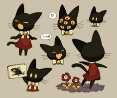 some black cats with different expressions on their faces and body, one is wearing a red dress