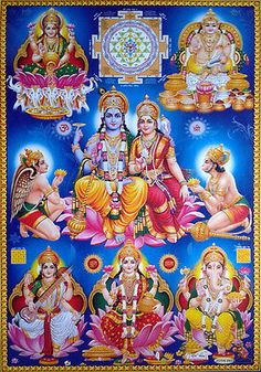 an image of hindu deities in the form of a painting on a blue background with gold border